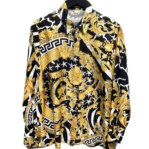 Versace Black Gold Hibiscus Print Silk Shirt